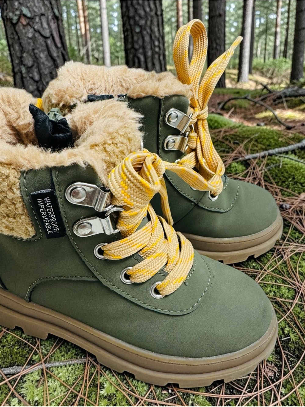 H&M Olive Green Kids Winter Boots with Yellow Laces